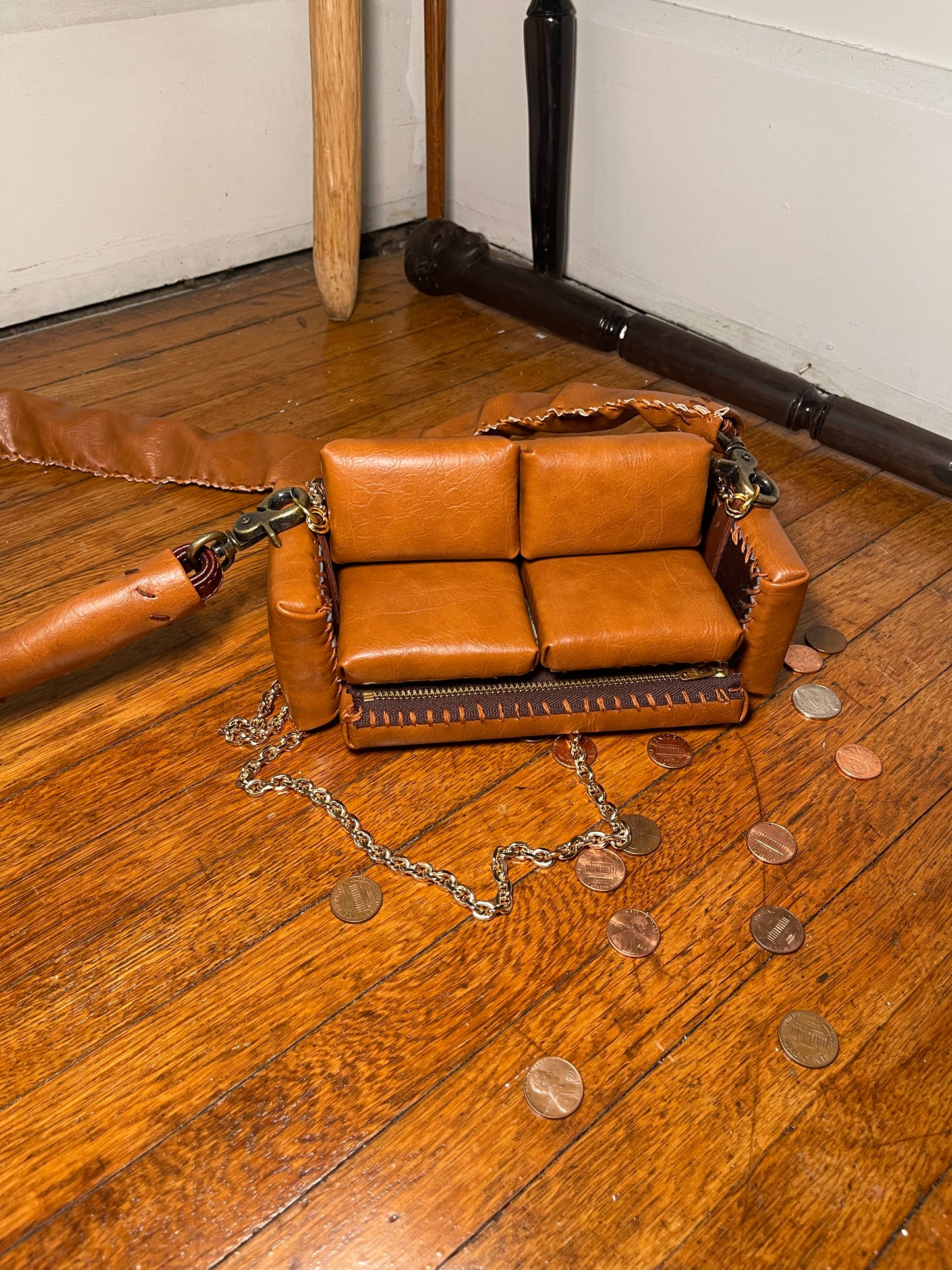 1 of 1 'Brown Leather' Loose Change In The Sofa Bag